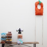 Self-portrait [installation view], fruit, vegetables, herbs, eggs, plastic containers, wooden bench, mirror ball, fairy lights, flotation vest, plastic bags